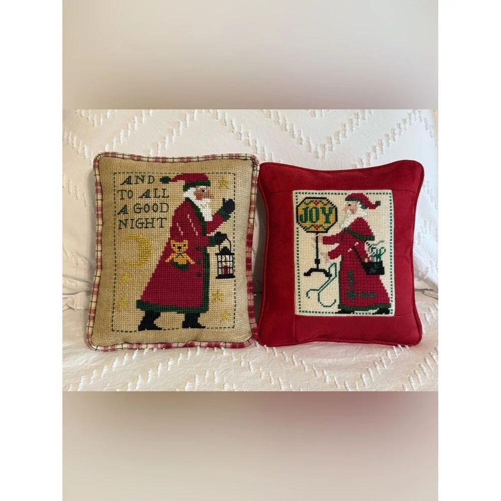 Vtg Set Of 2 Prairie Schooler Cross Stitch Christmas Pillows Small 8” Santa EUC
